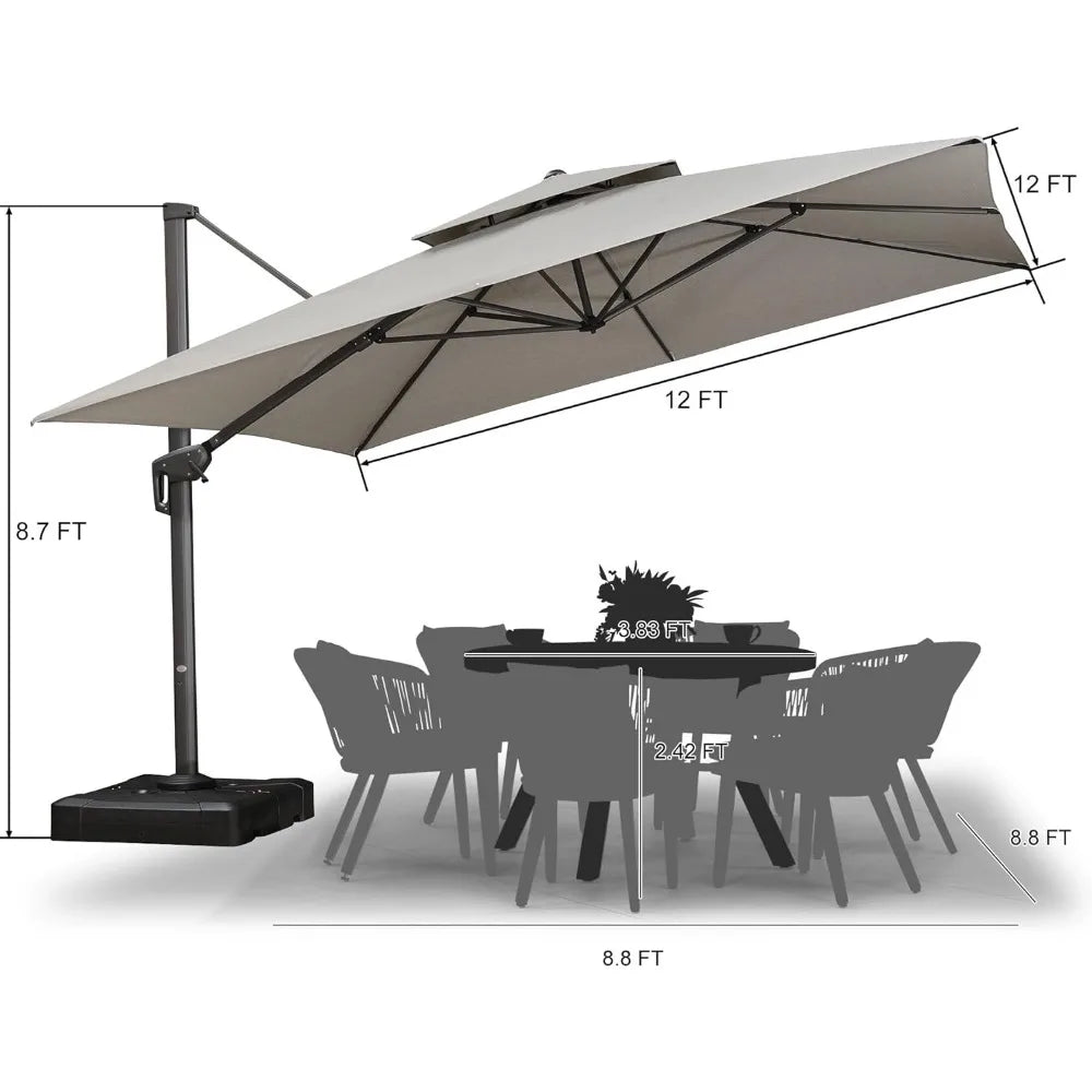 12 FT Cantilever Umbrella Outdoor Patio Umbrella, Large Offset Square Umbrella, Windproof Heavy Duty Hanging Outside